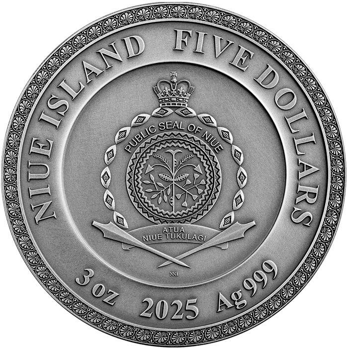 Zadní strana Strieborná pozlátená minca Božské tváre Slnka - Apollón 3 Oz 2025 Antique Štandard