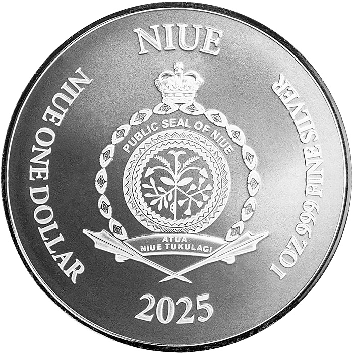 Zadní strana Strieborná investičná minca Niue Lady Justice 1 Oz 2025