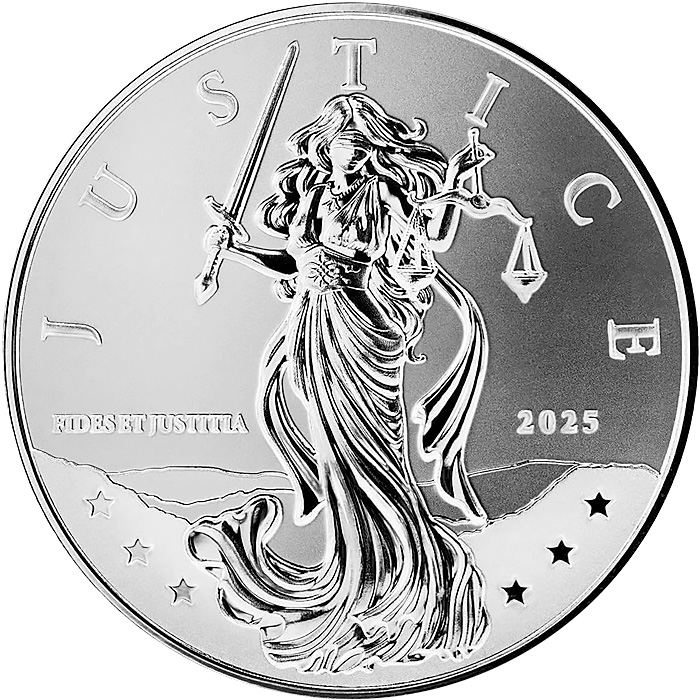 Přední strana Strieborná investičná minca Niue Lady Justice 1 Oz 2025