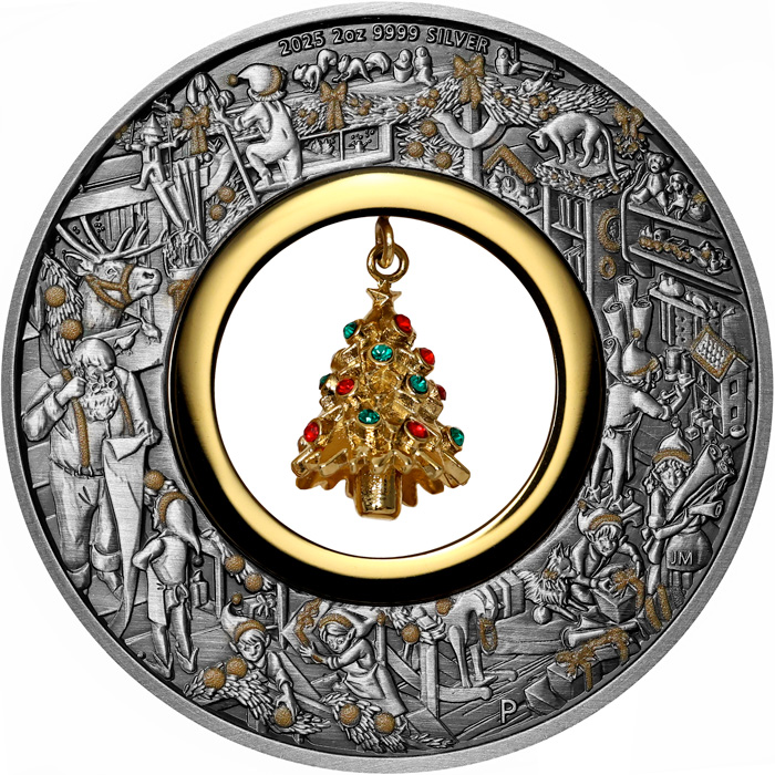 Přední strana Stříbrná mince 2 Oz Santova dílna 2025 Antique Standard