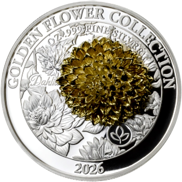 Přední strana Stříbrná mince Golden Flower Collection - zlatá 3D Jiřina 1 Oz 2026 Proof