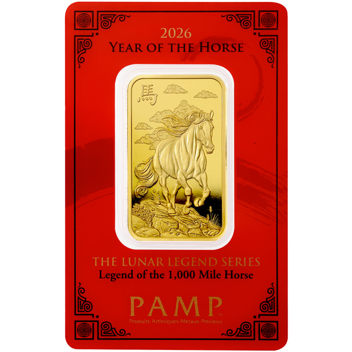 Přední strana 31,1g PAMP Investičný zlatý zliatok Lunárna Séria Rok Kone 2026