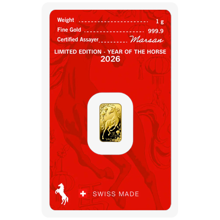 Přední strana 1g Argor Heraeus Limited edition - Rok koně 2026 investiční zlatý slitek