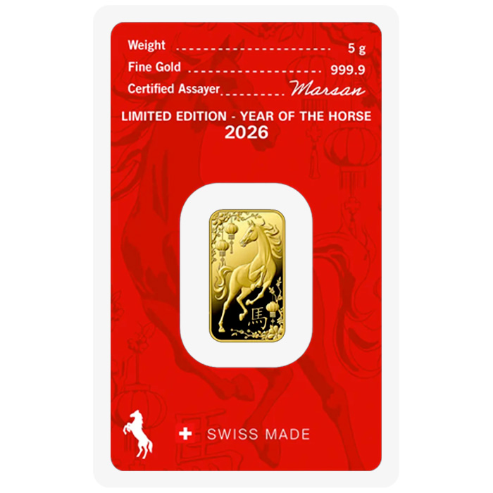 Přední strana 5g Argor Heraeus Limited edition - Rok koně 2026 investiční zlatý slitek