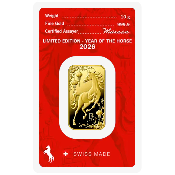 Přední strana 10g Argor Heraeus Limited edition - Rok koně 2026 investiční zlatý slitek