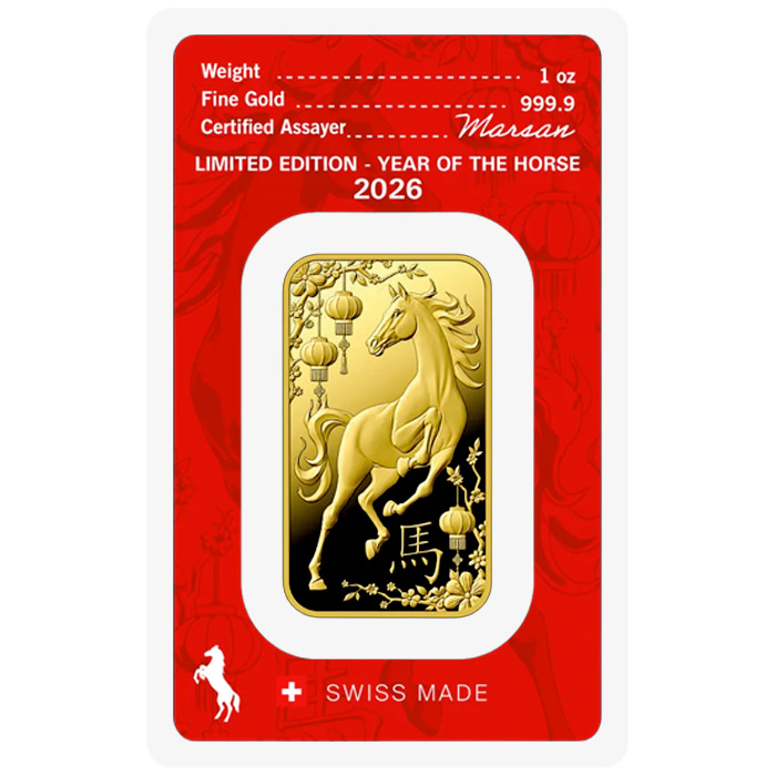 Přední strana 31,1g Argor Heraeus Limited edition - Rok koně 2026 investiční zlatý slitek