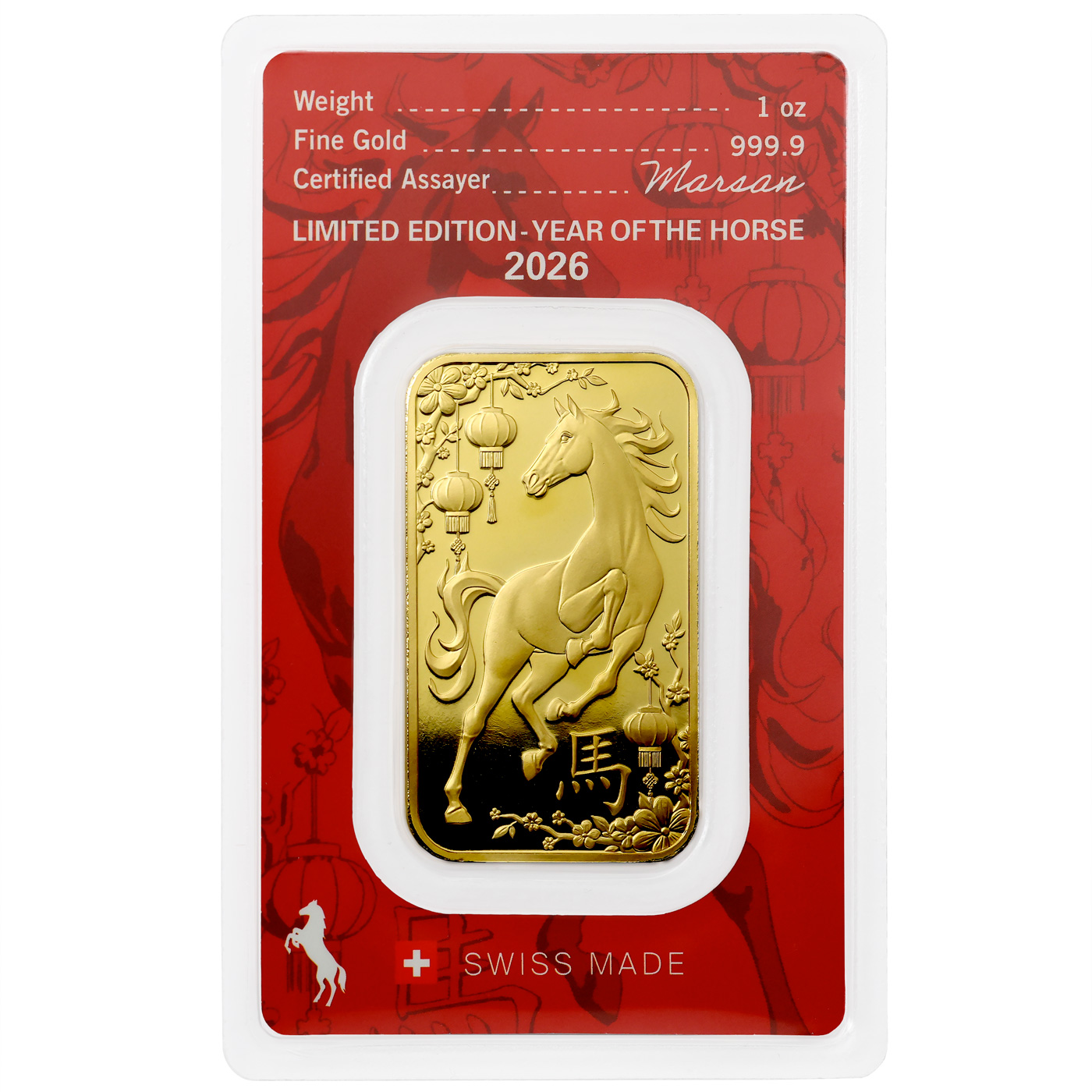 Přední strana 31,1g Argor Heraeus Limited edition - Rok koně 2026 investiční zlatý slitek