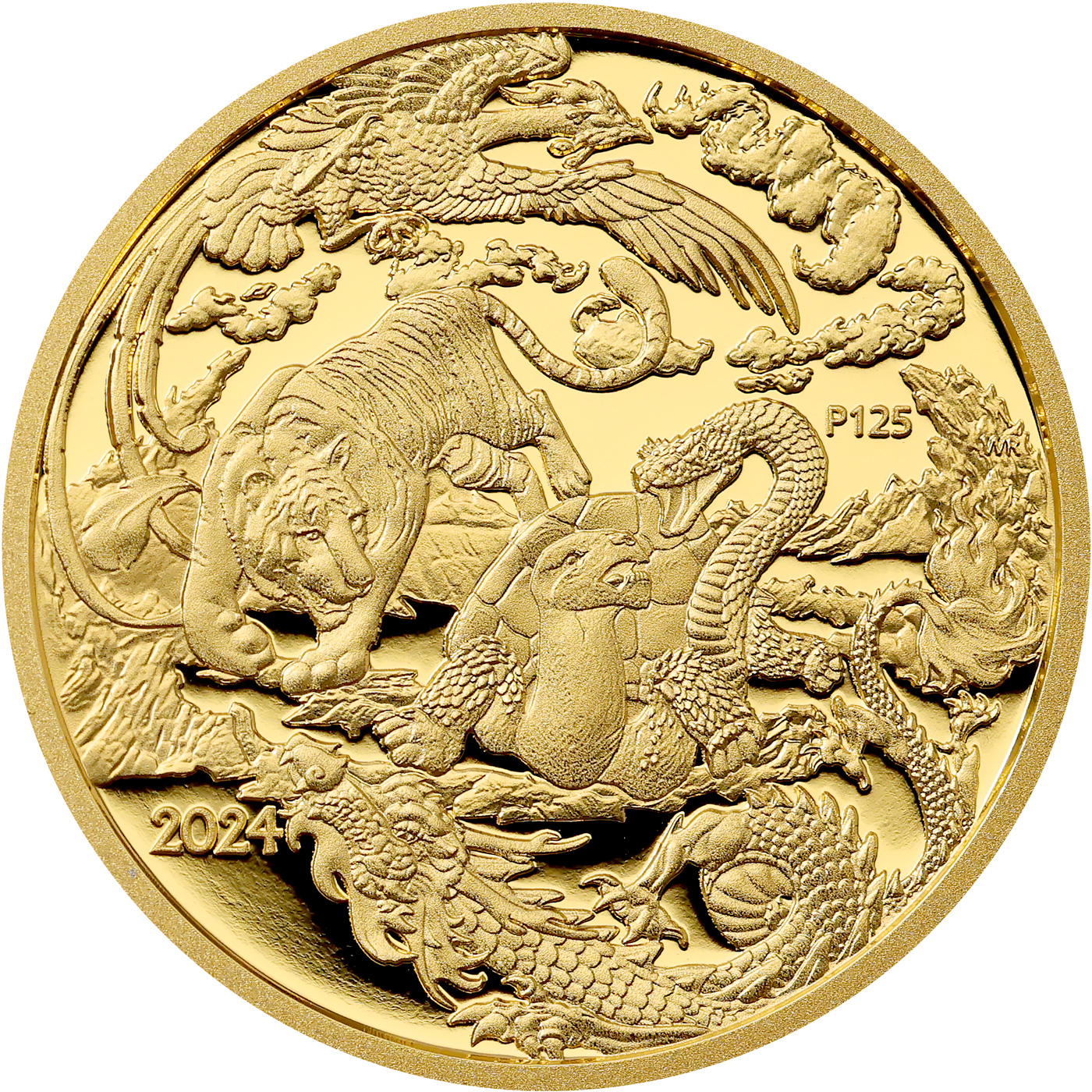 Přední strana Zlatá mince 1 Oz Čtyři strážci High Relief 2024 Proof