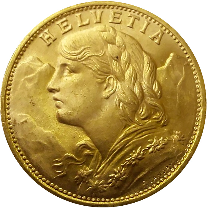 Zadní strana Zlatá mince 20 Frank Helvetia - Vreneli 1949