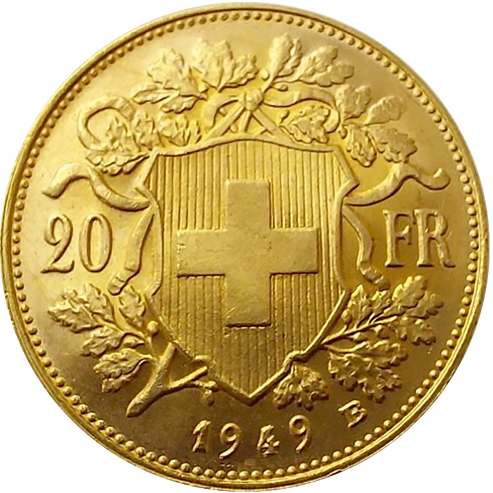 Přední strana Zlatá mince 20 Frank Helvetia - Vreneli 1949