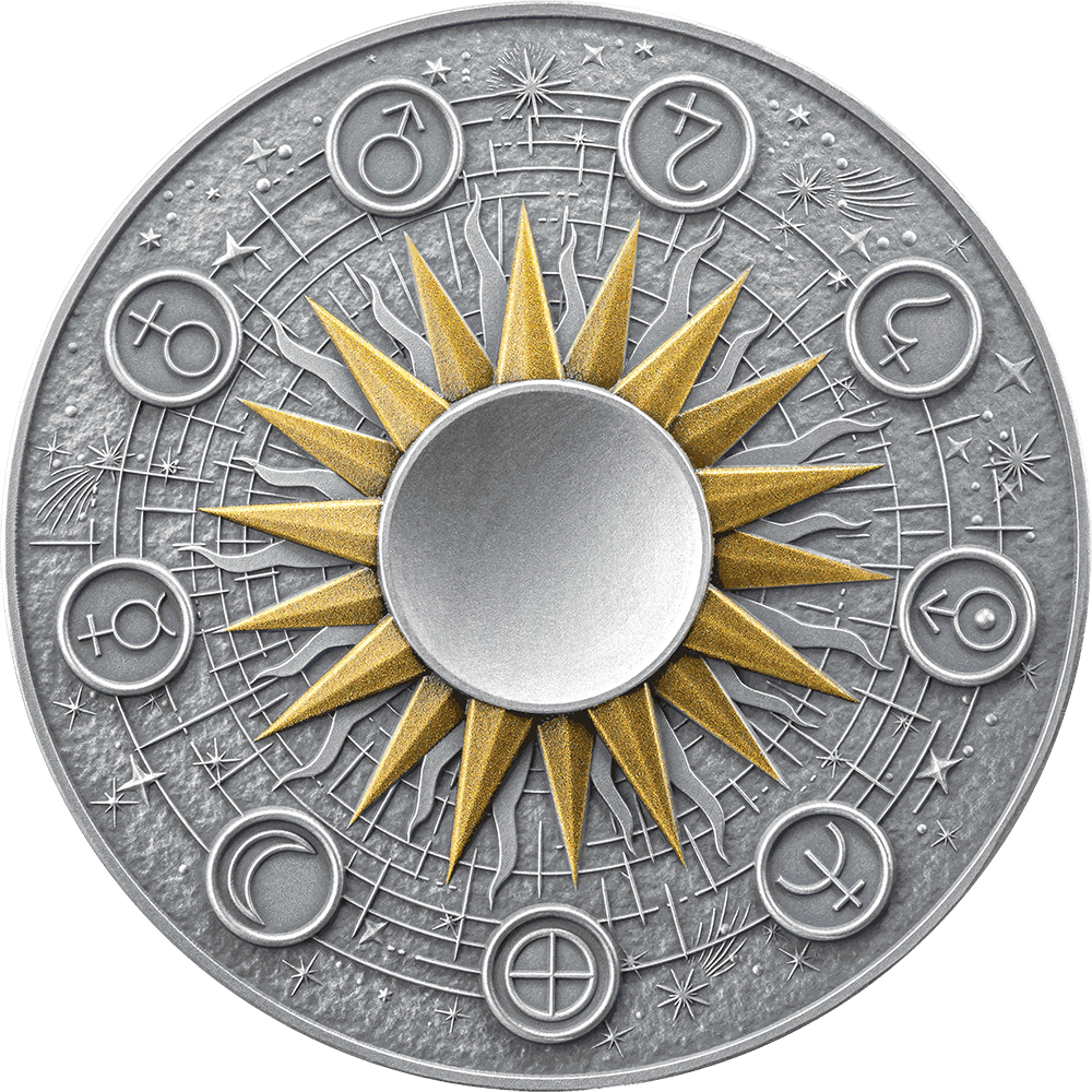Zadní strana Stříbrná mince The Solar System - Slunce 2025 Antique Standard