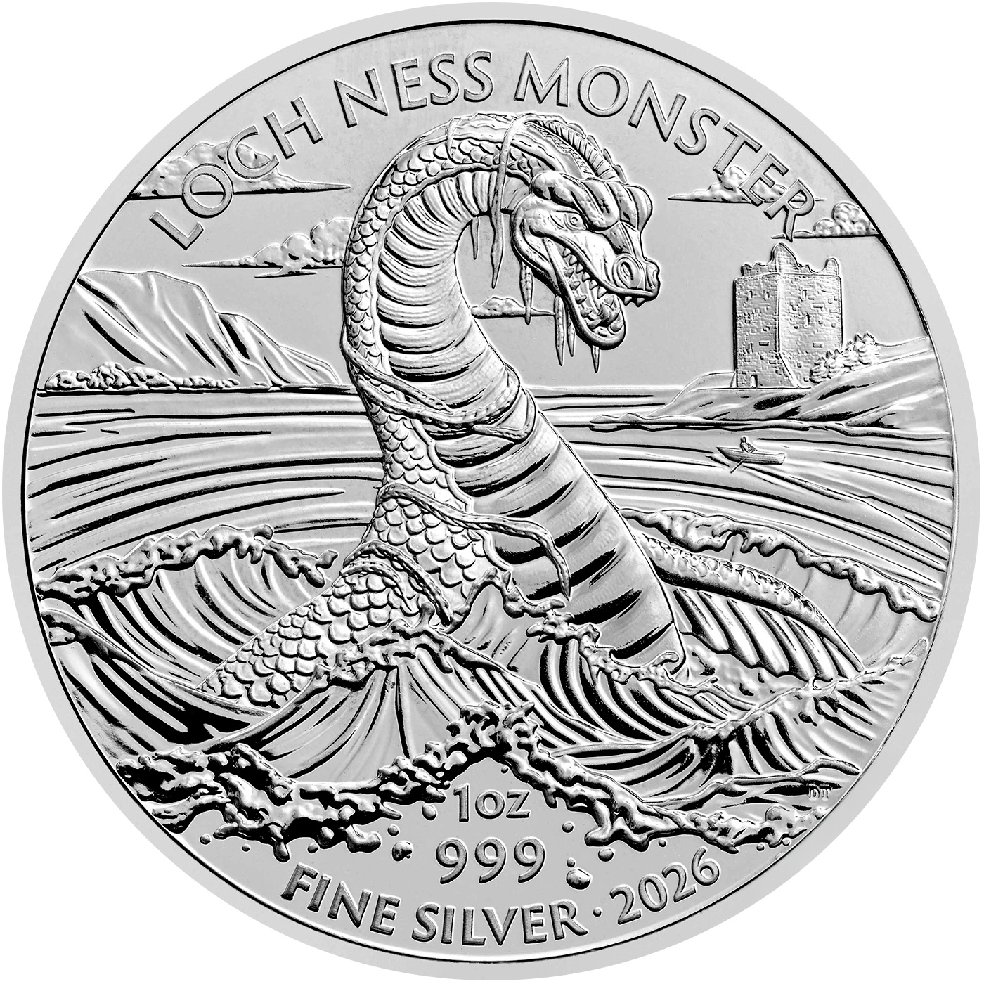 Přední strana Ezüst befektetési érme Legendás lények - Loch Ness-i szörny 1 Oz 2026