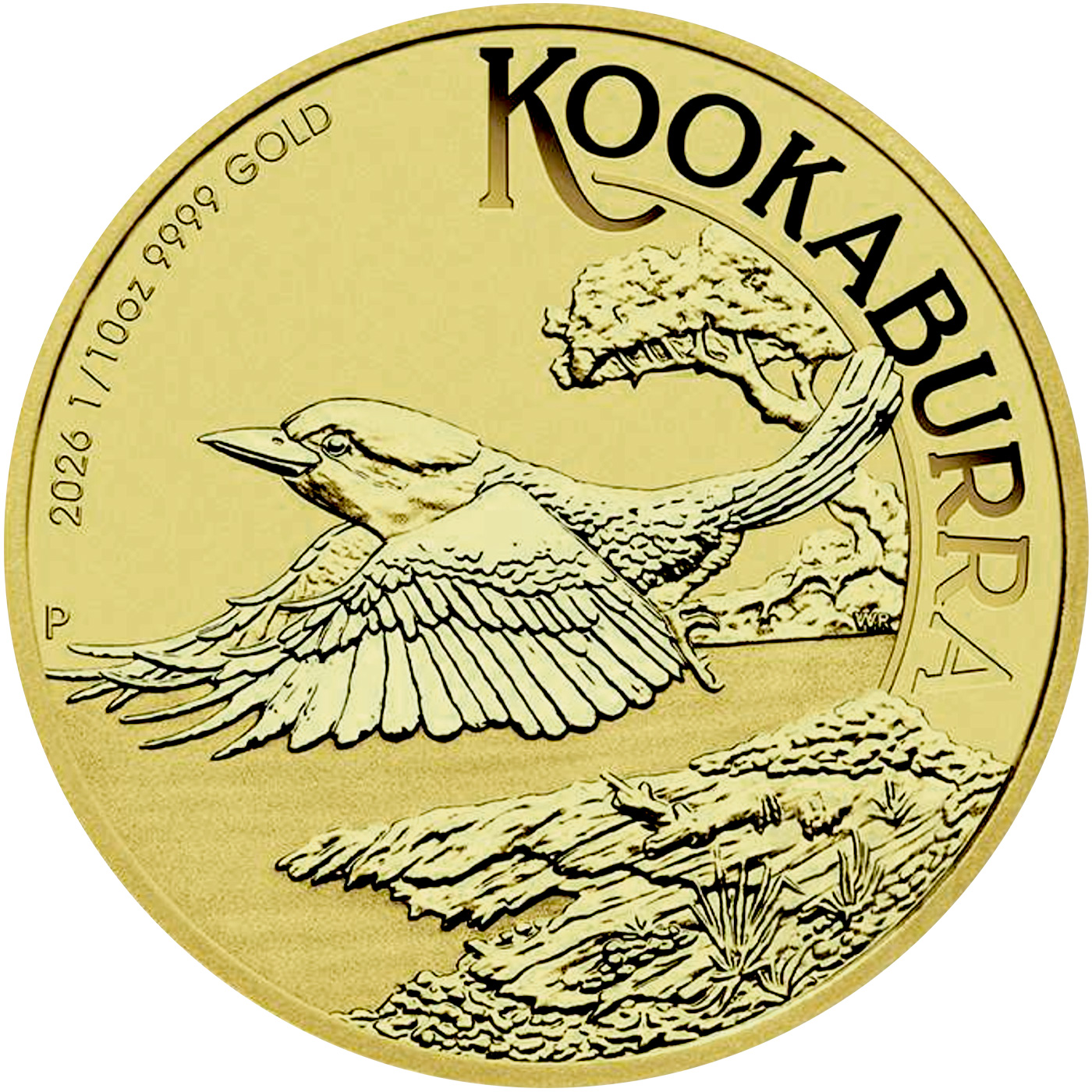 Přední strana Zlatá investiční mince Kookaburra Ledňáček 1/10 Oz 2026