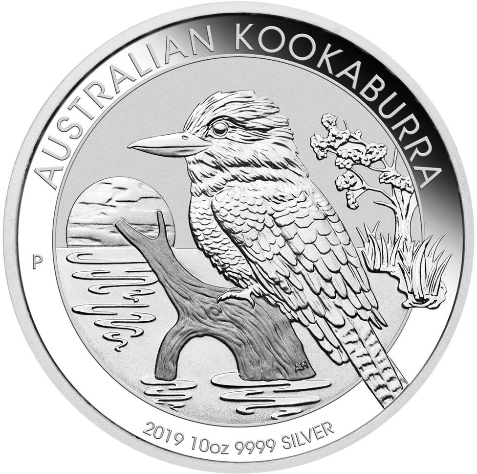 Přední strana Stříbrná investiční mince Kookaburra Ledňáček 10 Oz 2019