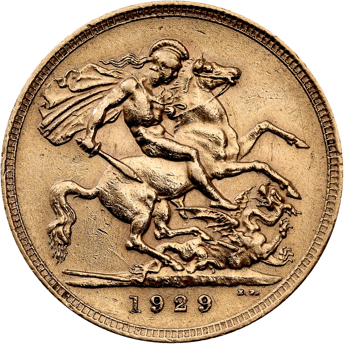 Přední strana Zlatý Sovereign Král Jiří V. 1929