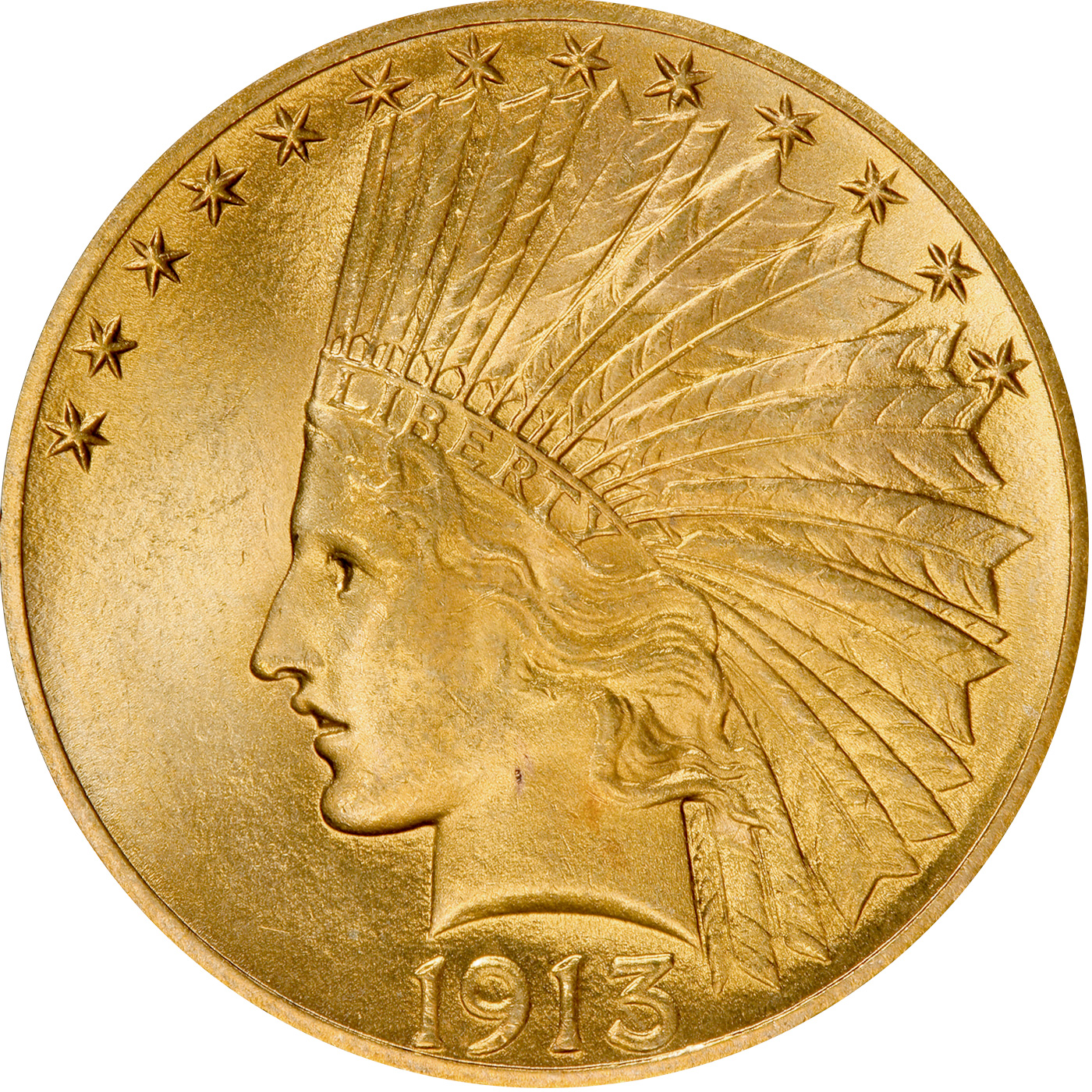 Přední strana Zlatá mince Indian Head American Eagle 1913