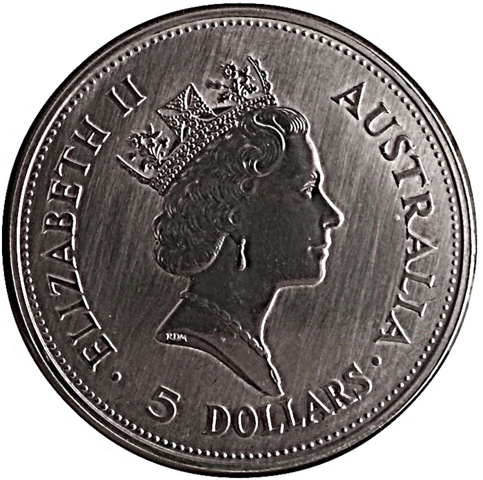 Zadní strana Stříbrná investiční mince Kookaburra Ledňáček 1 Oz 1990