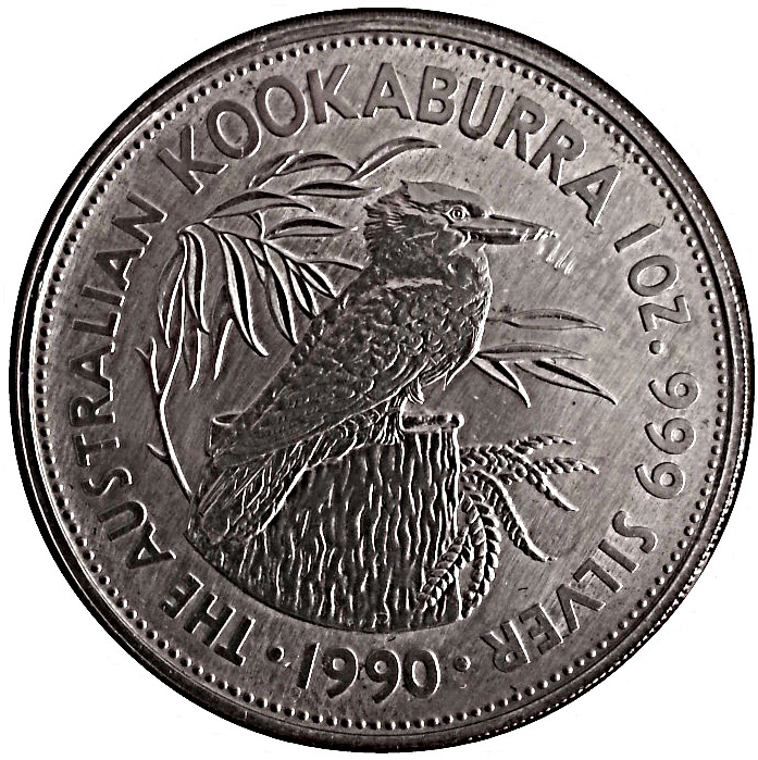 Přední strana Stříbrná investiční mince Kookaburra Ledňáček 1 Oz 1990