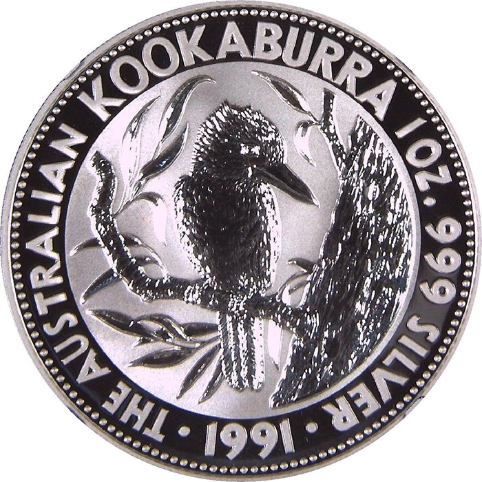 Přední strana Stříbrná investiční mince Kookaburra Ledňáček 1 Oz 1991