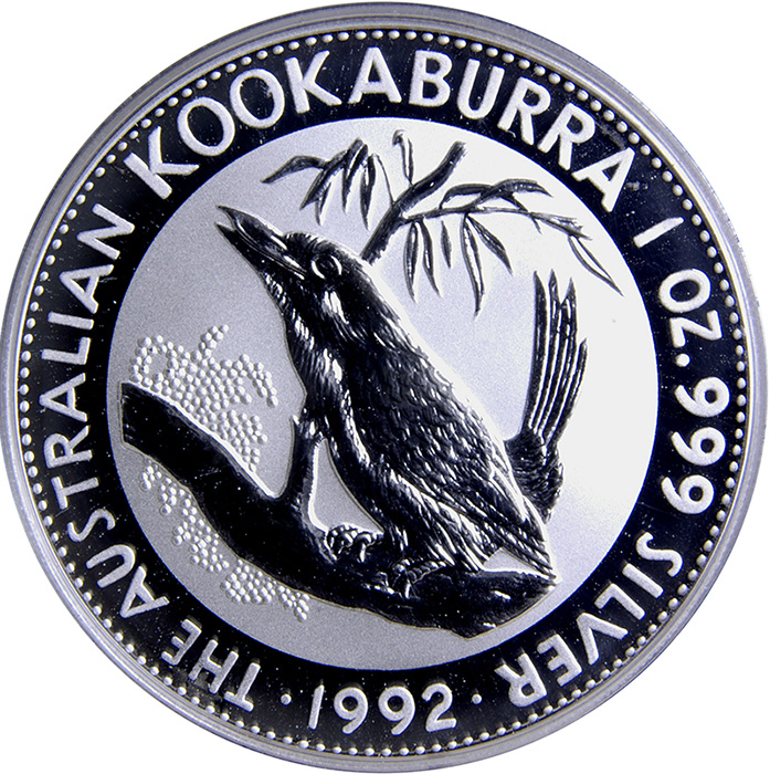 Přední strana Stříbrná investiční mince Kookaburra Ledňáček 1 Oz 1992
