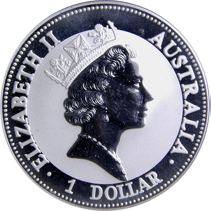 Zadní strana Stříbrná investiční mince Kookaburra Ledňáček 1 Oz 1992