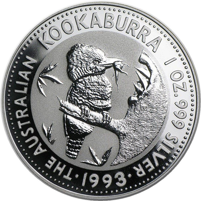 Přední strana Stříbrná investiční mince Kookaburra Ledňáček 1 Oz 1993