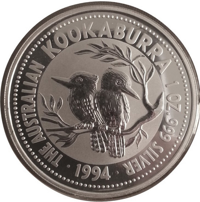Přední strana Stříbrná investiční mince Kookaburra Ledňáček 1 Oz 1994