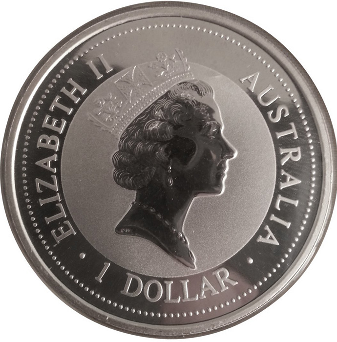 Zadní strana Stříbrná investiční mince Kookaburra Ledňáček 1 Oz 1994