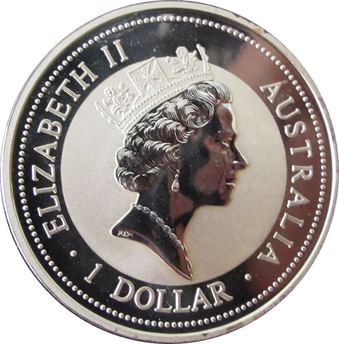 Zadní strana Stříbrná investiční mince Kookaburra Ledňáček 1 Oz 1996