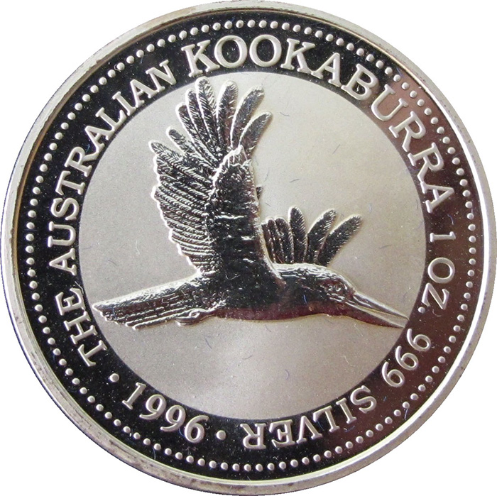 Přední strana Stříbrná investiční mince Kookaburra Ledňáček 1 Oz 1996