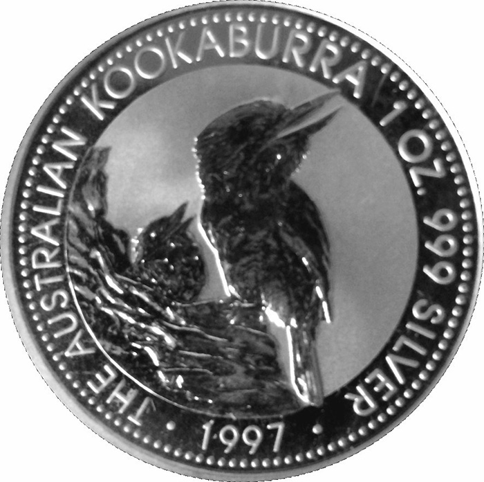 Přední strana Stříbrná investiční mince Kookaburra Ledňáček 1 Oz 1997