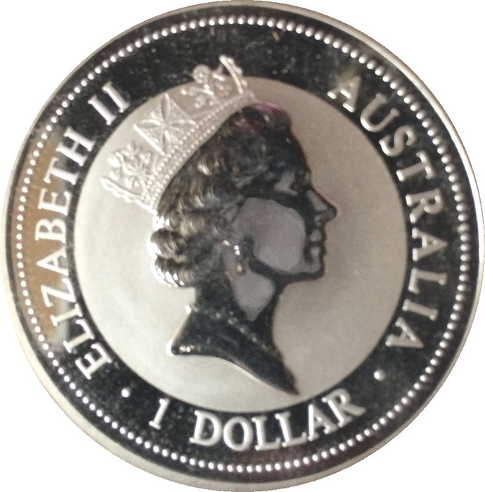 Zadní strana Stříbrná investiční mince Kookaburra Ledňáček 1 Oz 1997