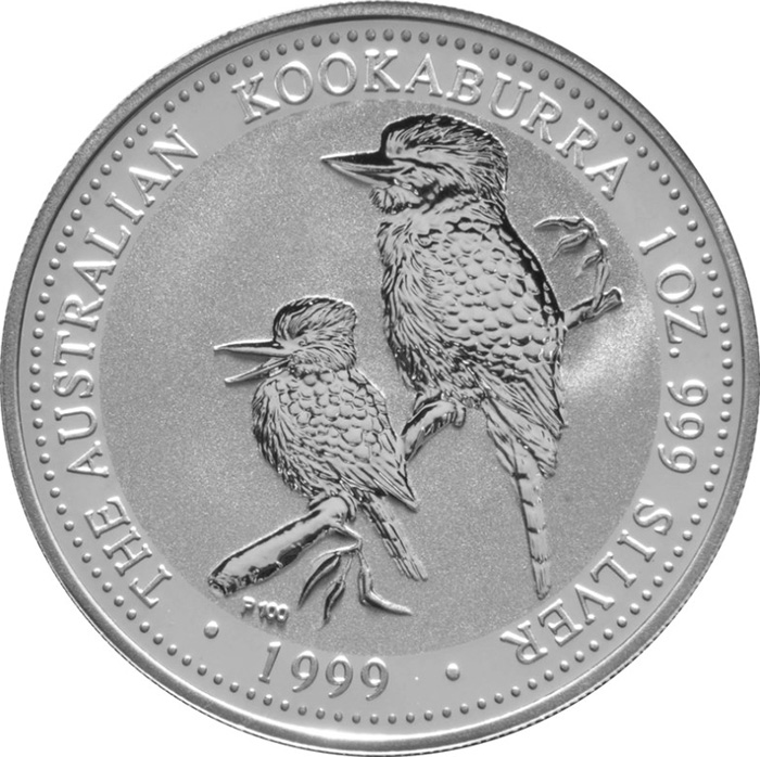 Přední strana Stříbrná investiční mince Kookaburra Ledňáček 1 Oz 1999