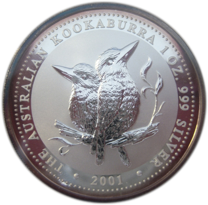 Přední strana Stříbrná investiční mince Kookaburra Ledňáček 1 Oz 2001