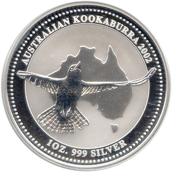 Přední strana Stříbrná investiční mince Kookaburra Ledňáček 1 Oz 2002
