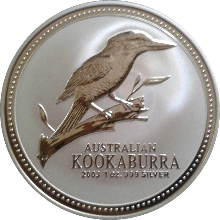Přední strana Stříbrná investiční mince Kookaburra Ledňáček 1 Oz 2003