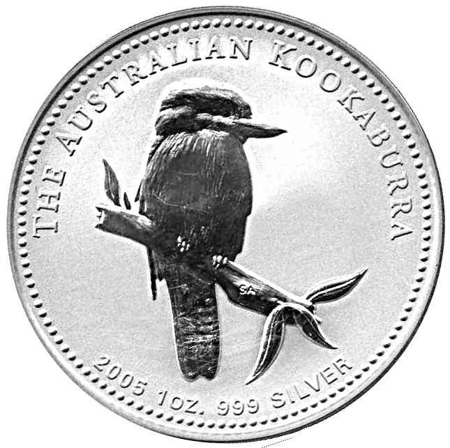 Přední strana Stříbrná investiční mince Kookaburra Ledňáček 1 Oz 2005