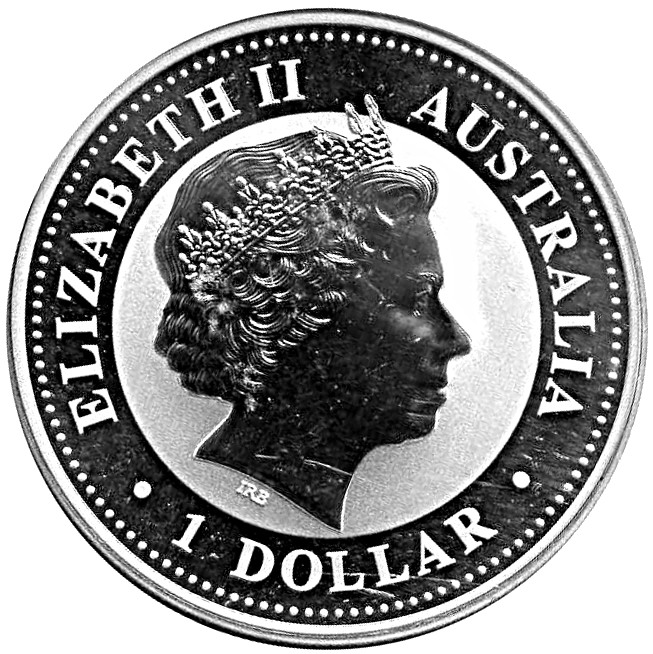 Zadní strana Stříbrná investiční mince Kookaburra Ledňáček 1 Oz 2005