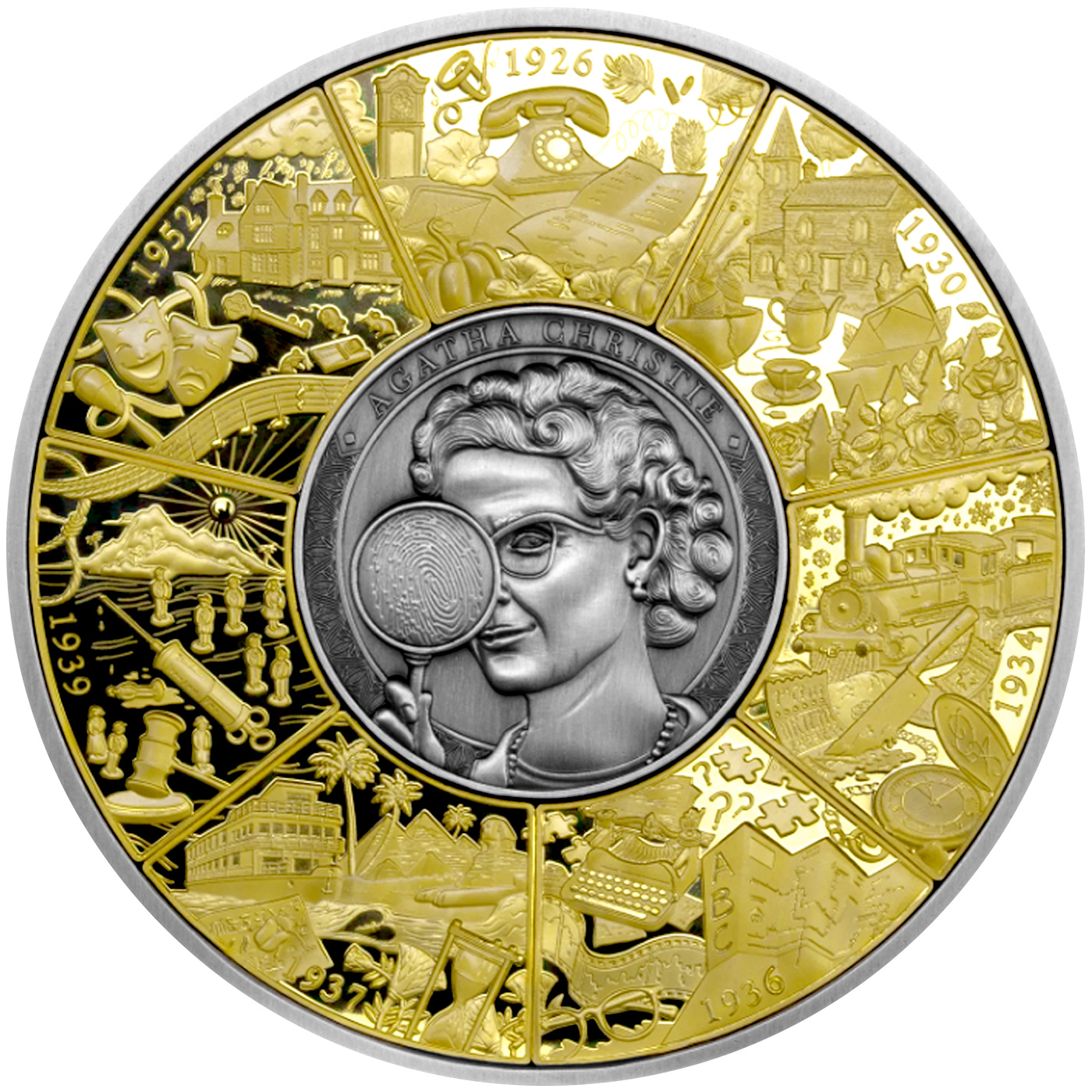 Přední strana Ezüstözött érme 5 unciás Agatha Christie puzzle 2026 Proof