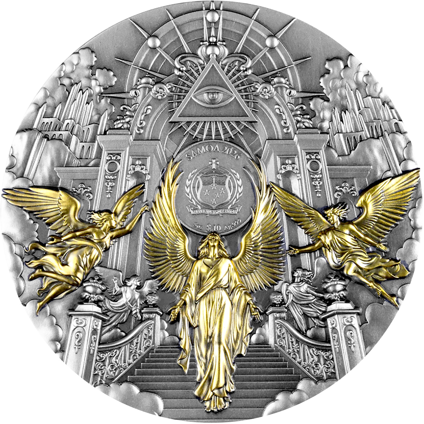 Zadní strana Silver Gold Plated Coin 5 Oz Heaven and Hell 2026 Antique Standard