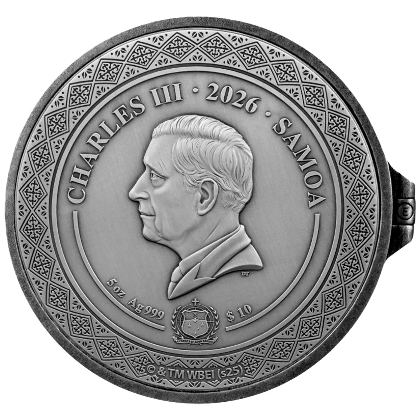 Zadní strana 5 Oz-os ezüst, aranyozott érme - Titkok Kamrája 2026 Antique Standard