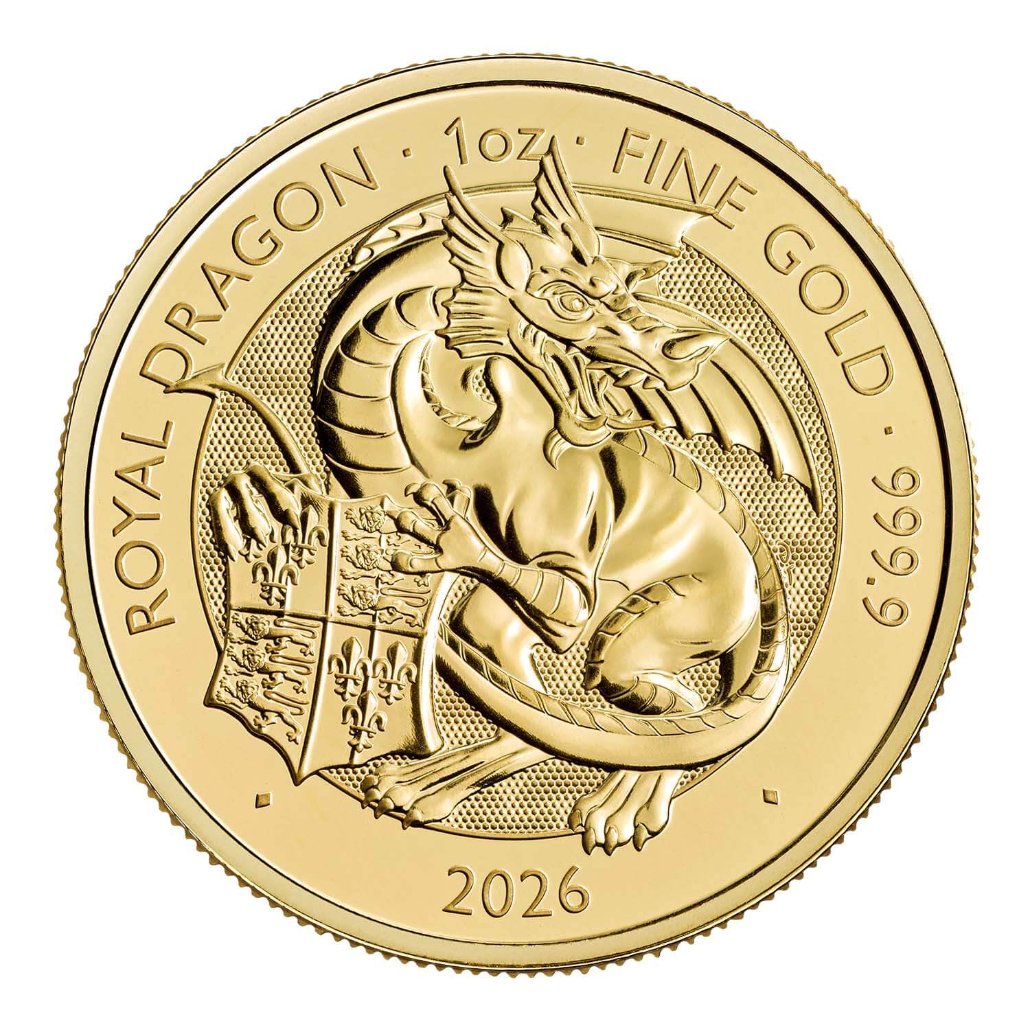 Přední strana Zlatá investiční mince The Royal Tudor Beasts - The Royal Dragon 1 Oz 2026