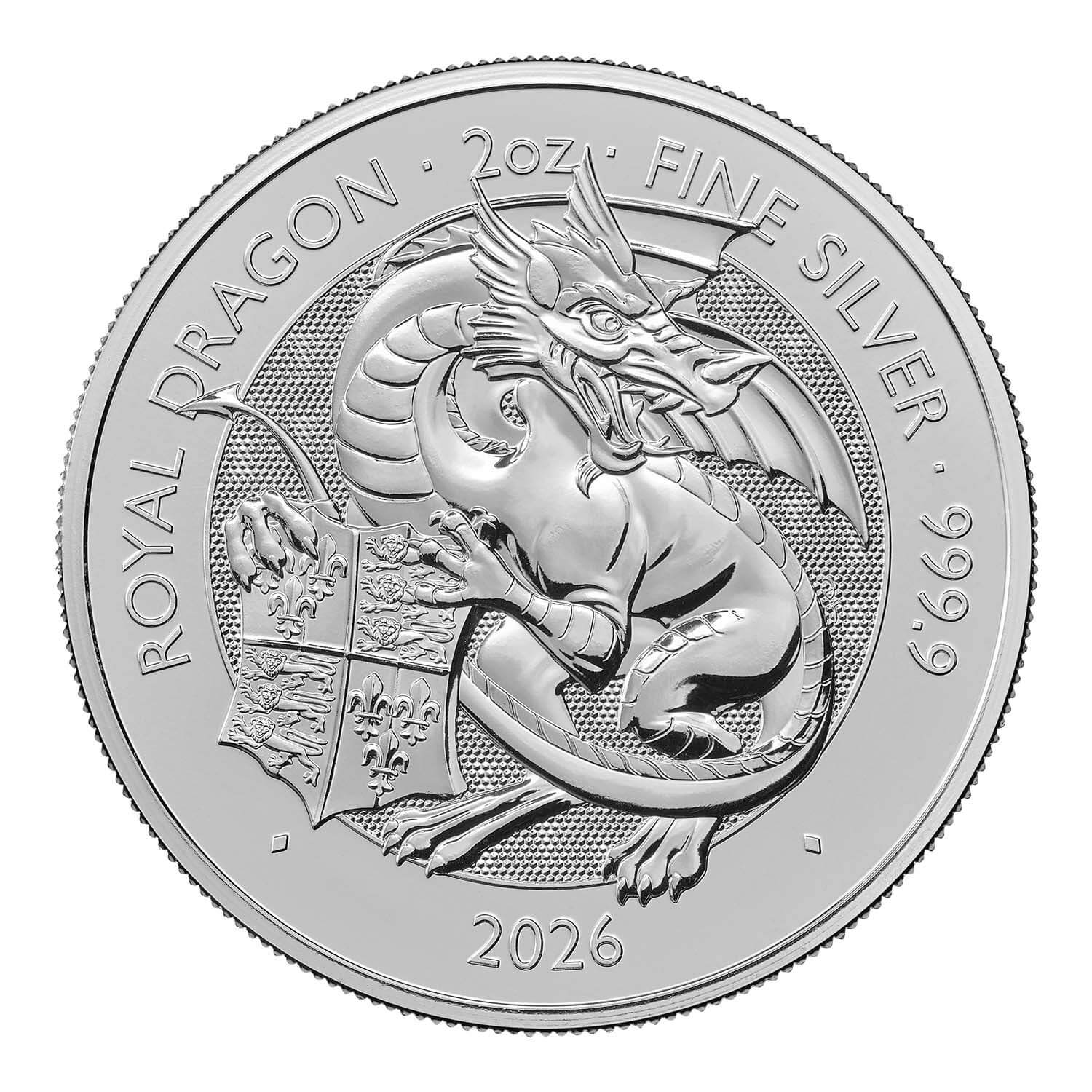 Přední strana Silver investment coin The Royal Tudor Beasts - The Royal Dragon 2 Oz 2026