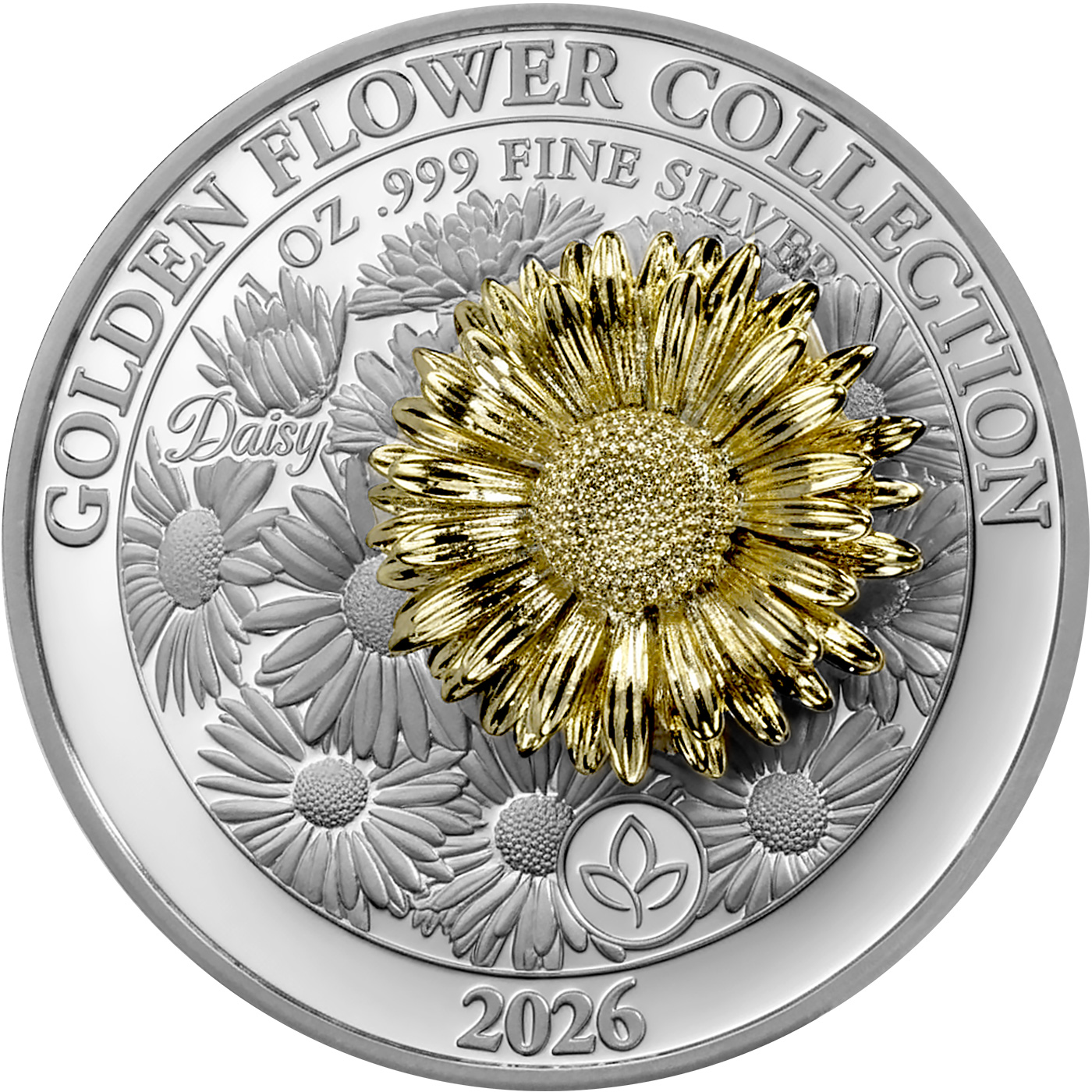 Přední strana Stříbrná mince Golden Flower Collection - zlatá 3D Sedmikráska 1 Oz 2026 Proof