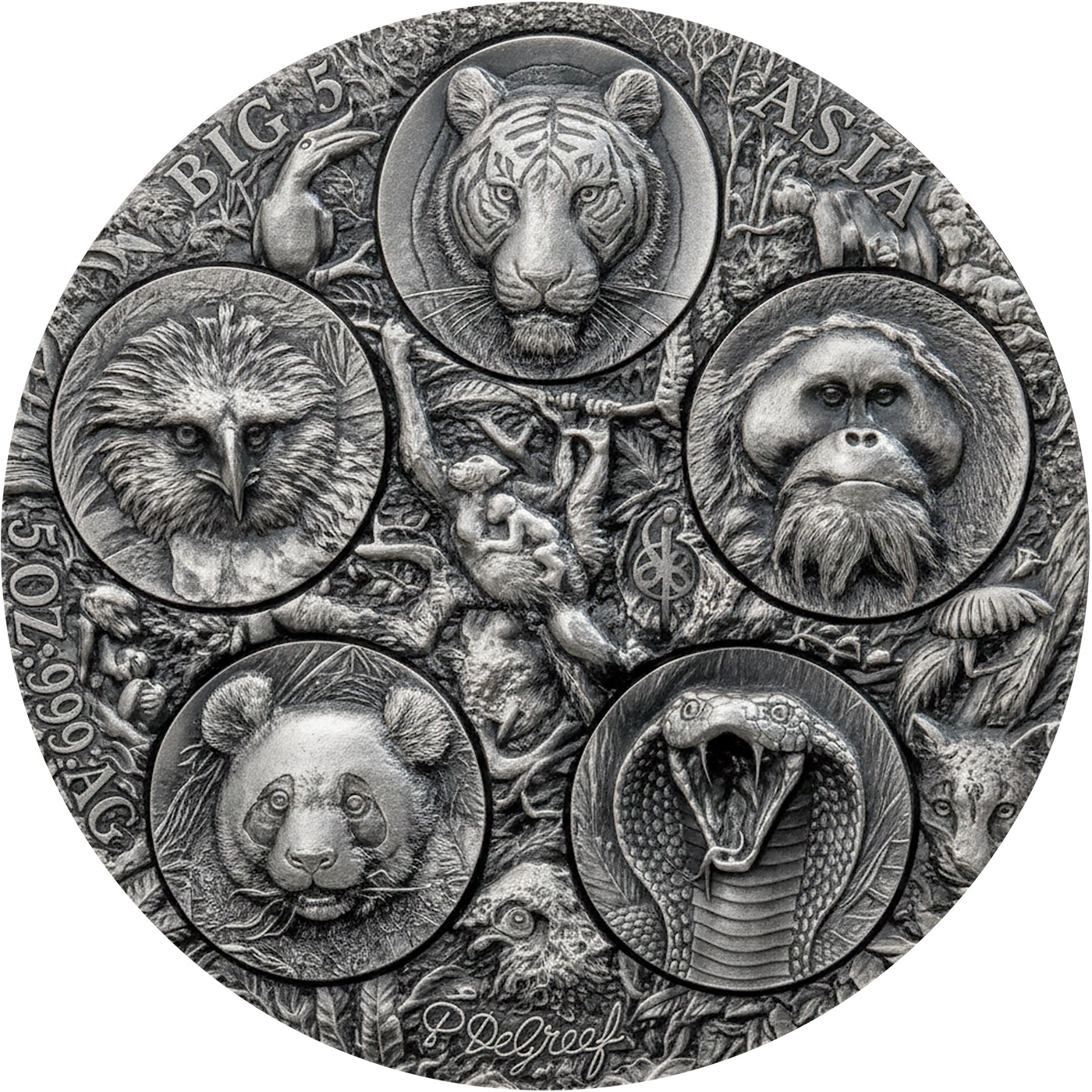 Přední strana Ezüst érme 5 unciás - Big Five Asia High Relief 2026 Antique Standard