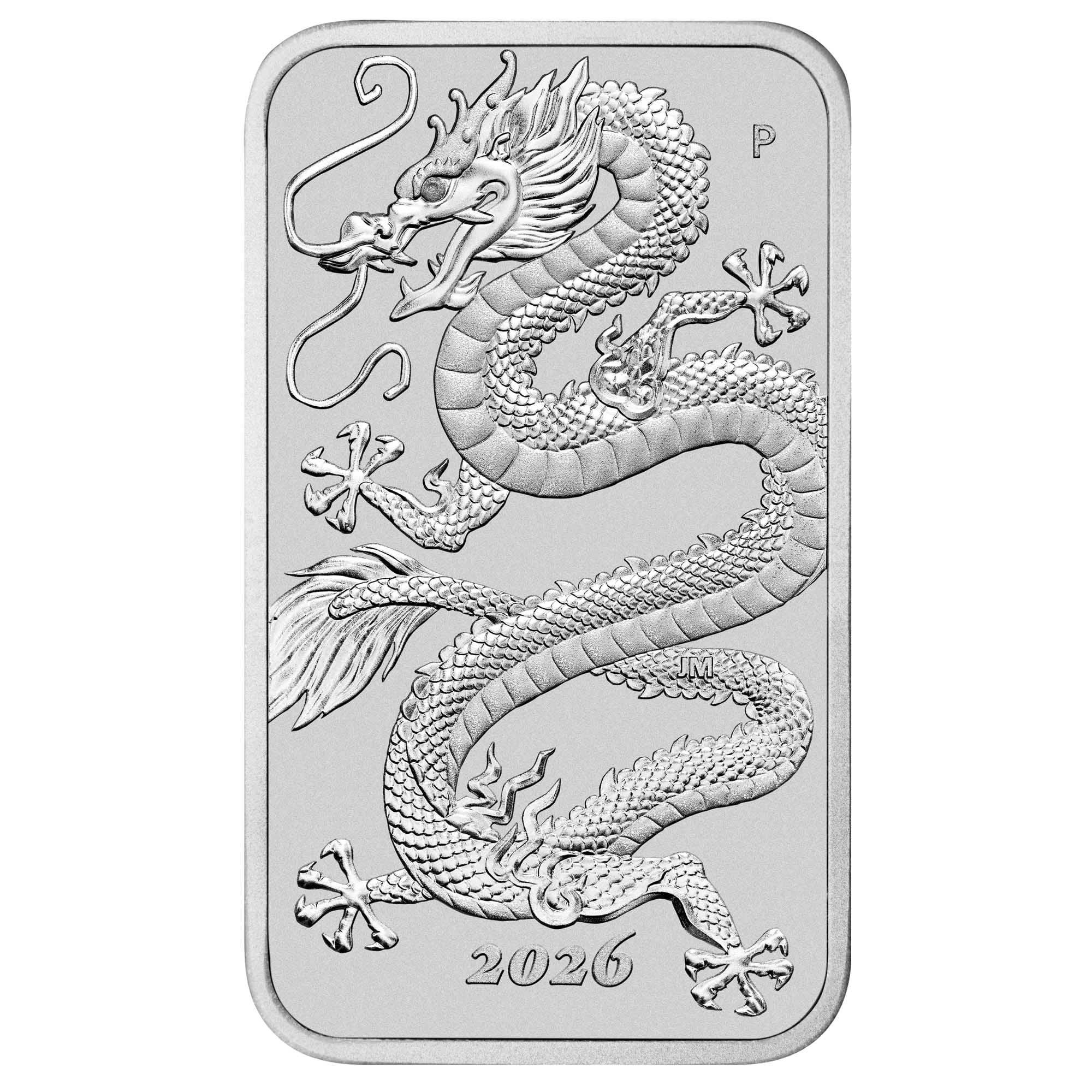 Přední strana Stříbrná investiční mince Rectangular Dragon 1 Oz 2026