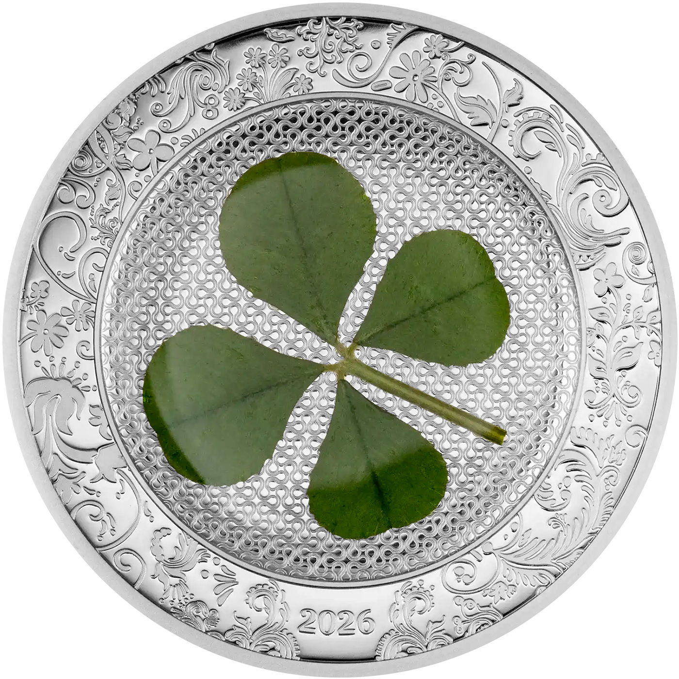 Přední strana Stříbrná mince Čtyřlístek Unce štěstí 1 Oz 2026 Proof