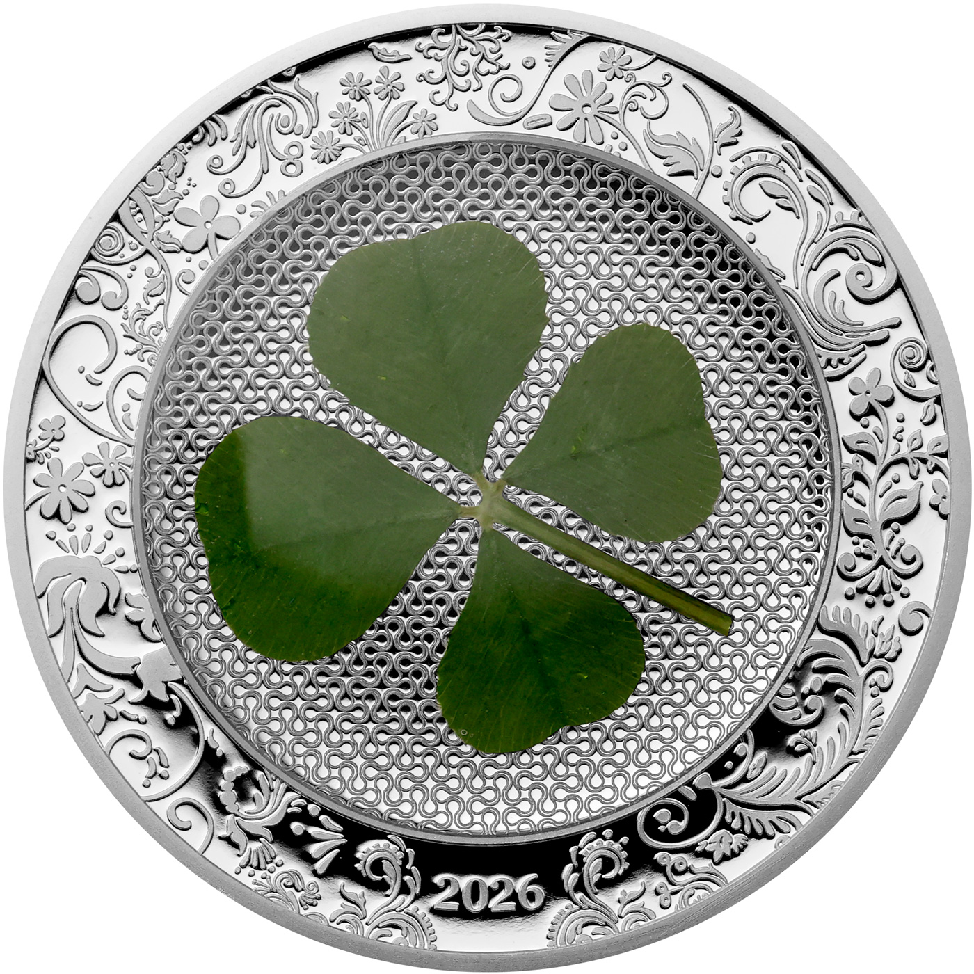 Přední strana Stříbrná mince Čtyřlístek Unce štěstí 1 Oz 2026 Proof