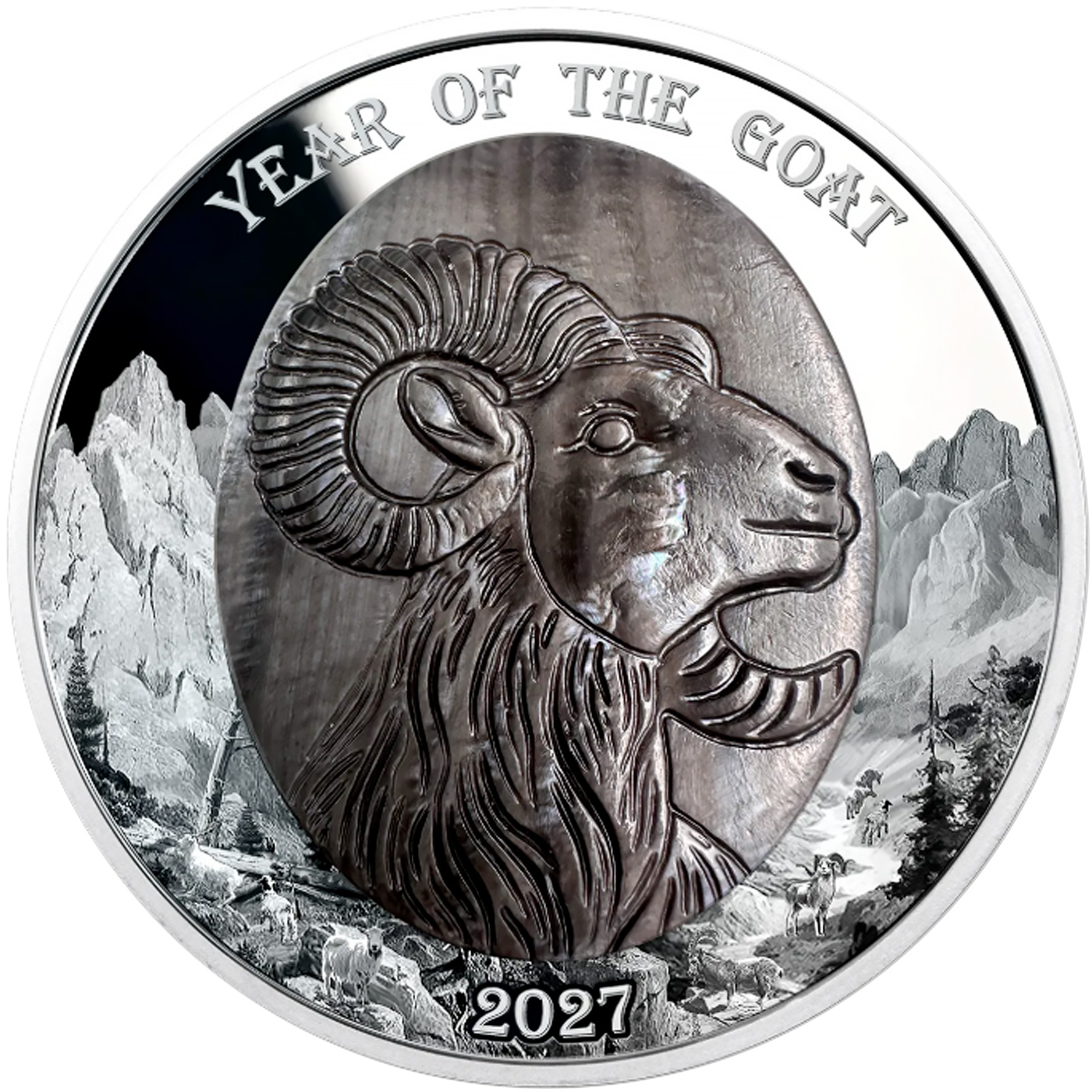 Přední strana Stříbrná mince 5 Oz Year of the Goat - Rok Kozy 2027 Perleť Proof