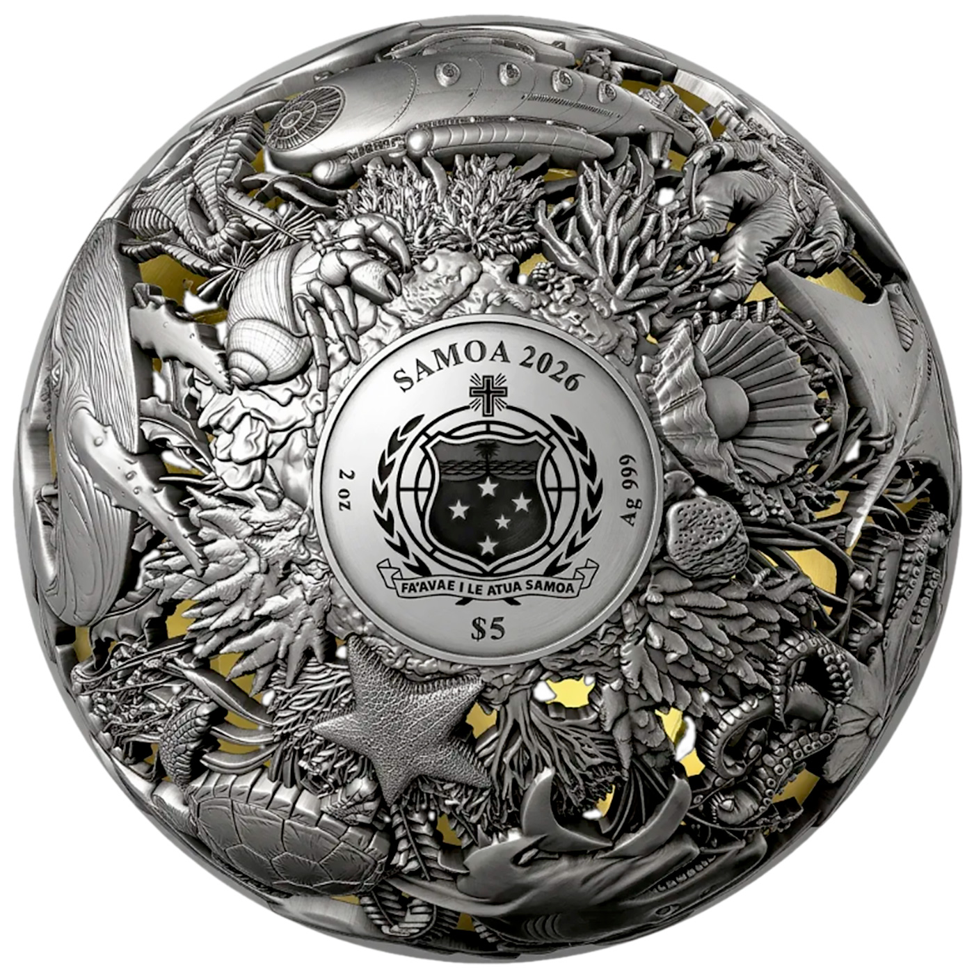 Zadní strana Stříbrná pozlacená mince 2 Oz Moře a Souš 2026 Antique Standard